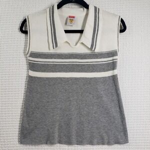 Vintage 70s Sleeveless Knit Polo Top Womens Medium Gray White Striped Mod Tennis